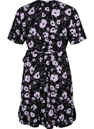Wrapkjole med prikker og korte ærmer, Black Flower AOP, Packshot image number 1