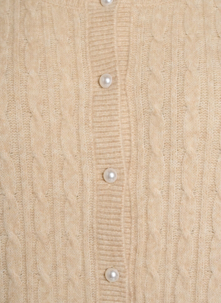 Cardigan med kabelstrik og perleknapper, Beige, Packshot image number 2
