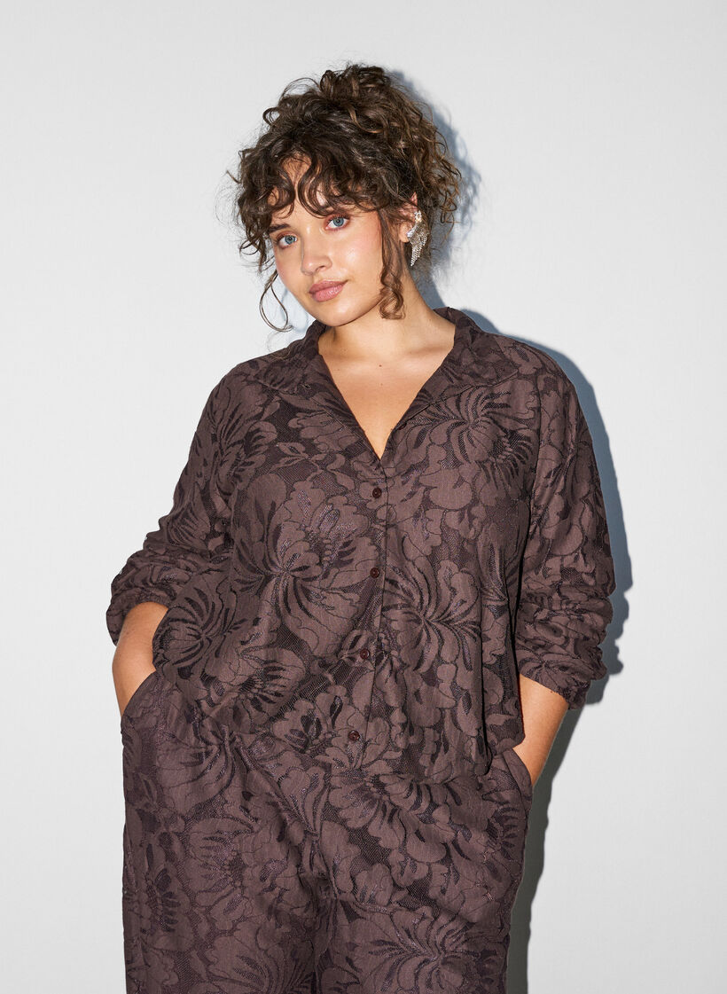 Bomberjakke med blomsterjacquard, Brun, Model image number 0