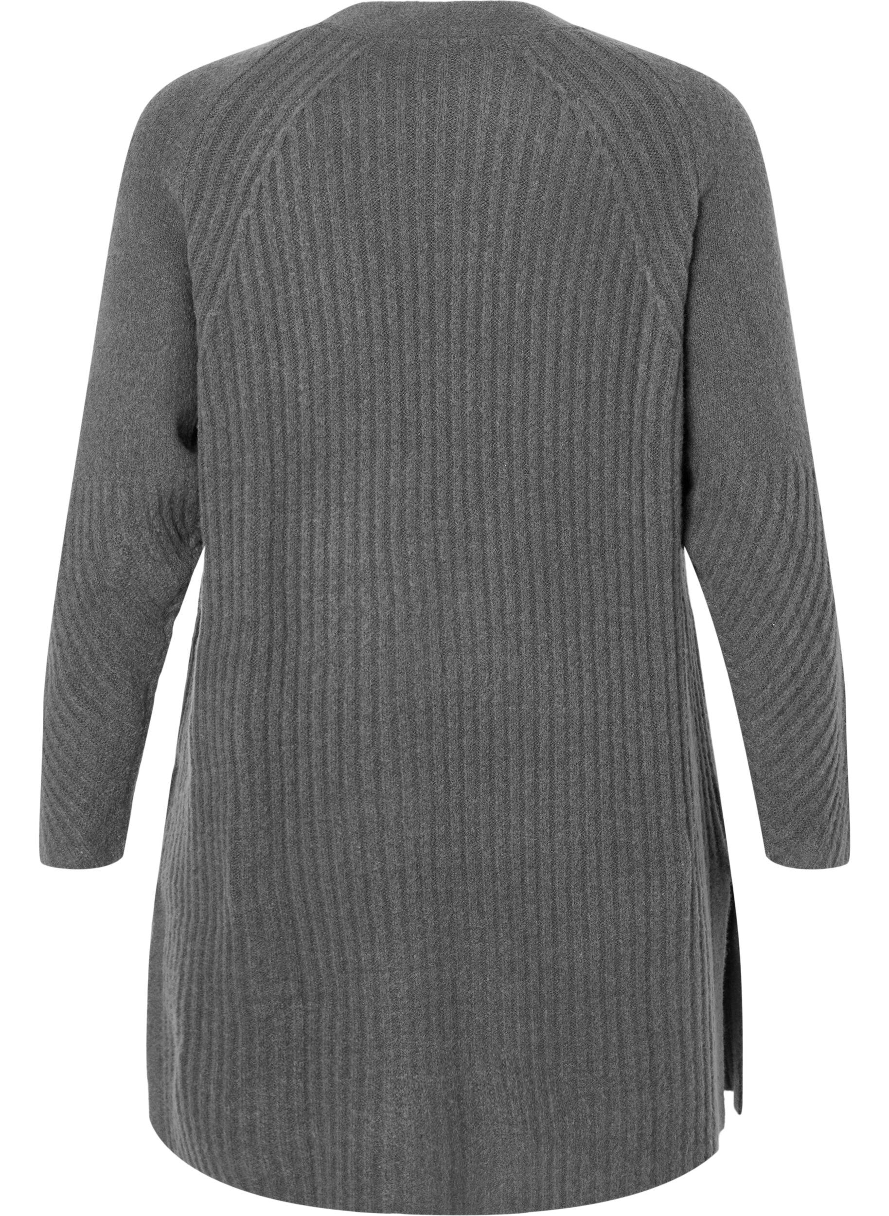 Zizzi Lang ribstrikket cardigan, Dark Grey Melange, Packshot image number 1