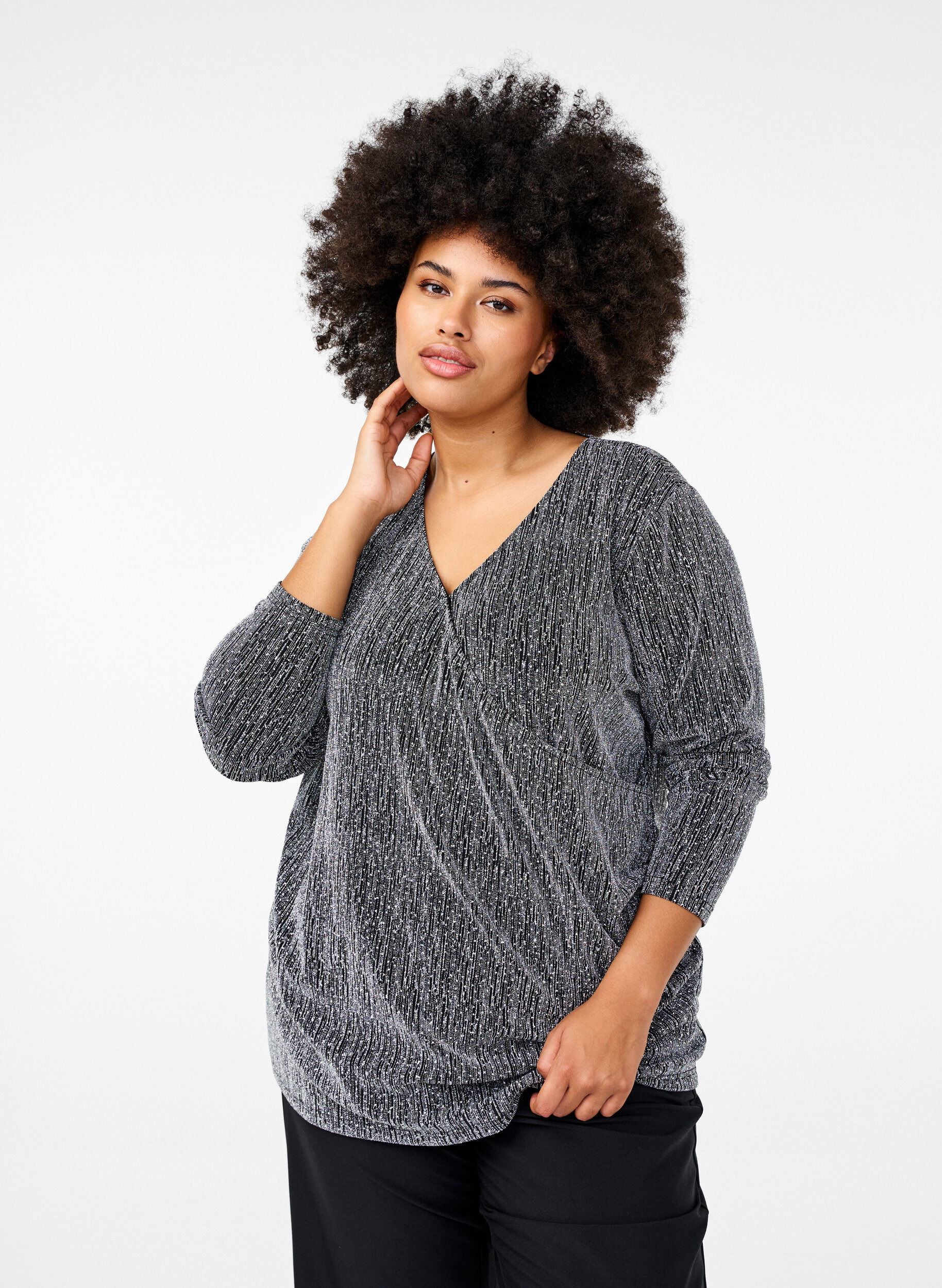 Zizzi Wraplook glitter festbluse, Sort, Model image number 0