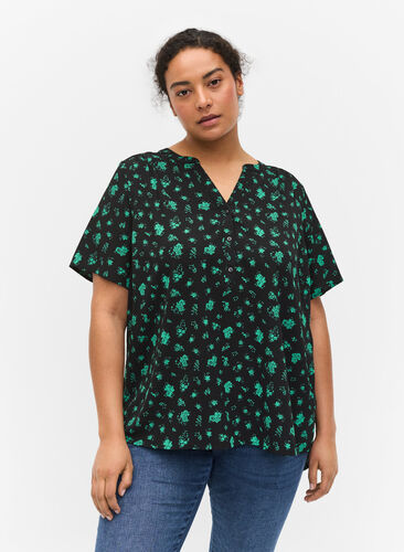 Printet bluse med korte ærmer, Green Flower AOP, Model image number 0