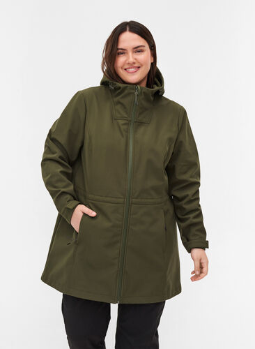 Softshell jakke med hætte og justerbar talje, Forest Night, Model image number 0