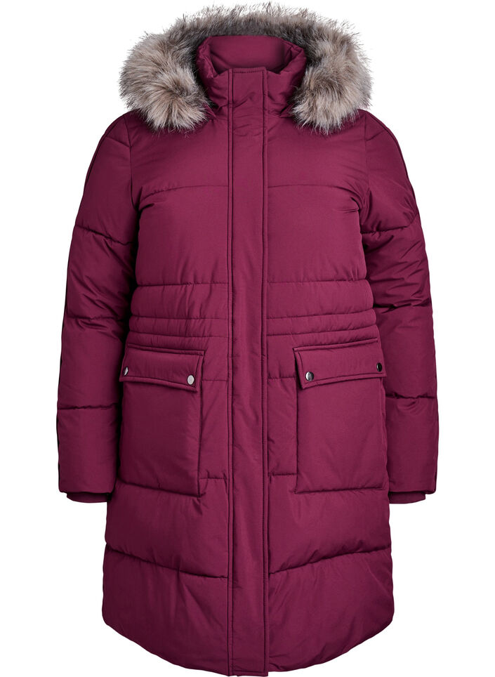 Vandafvisende parka med hætte og imiteret pelskant, Mørk Bordeaux, Packshot image number 0