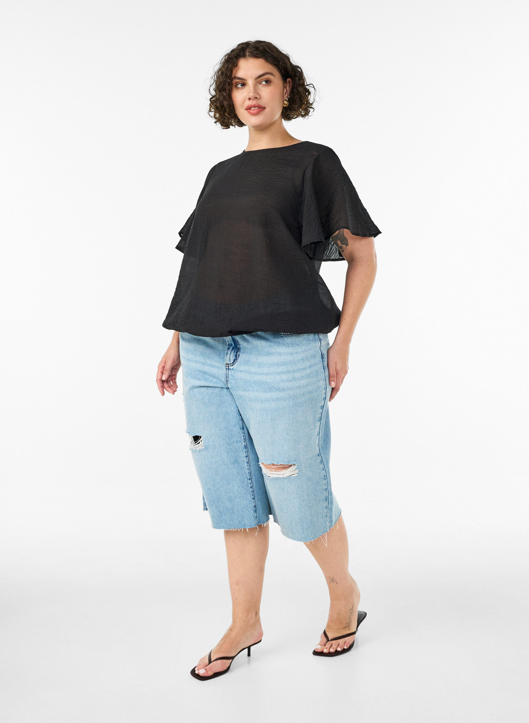 ZizziBluse med ballonform og vinge&aelig;rmer, Sort, Model image number 1