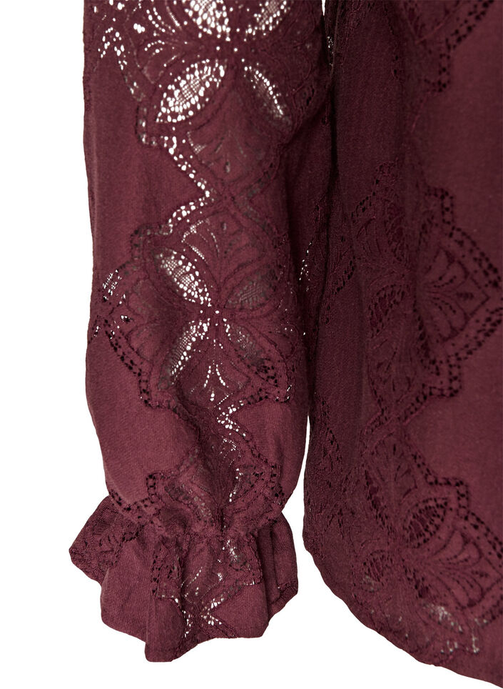 Lang&aelig;rmet bluse med blondem&oslash;nster, M&oslash;rk Bordeaux, Packshot image number 3