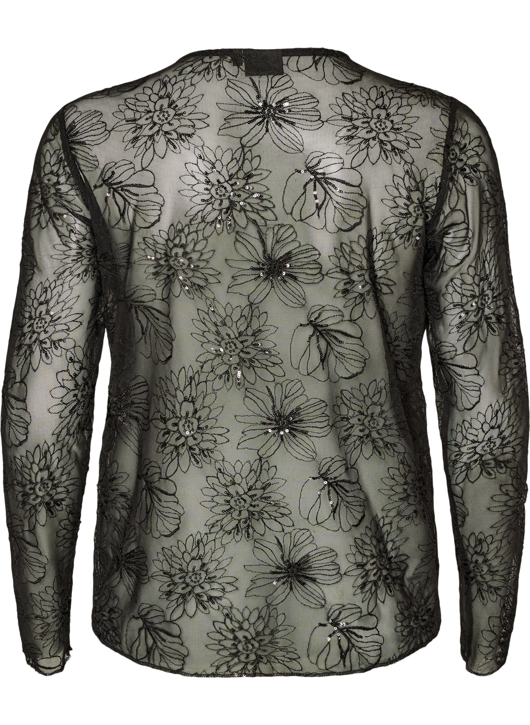 ZizziMeshbluse med blomster og pailletter, Sort, Packshot image number 1