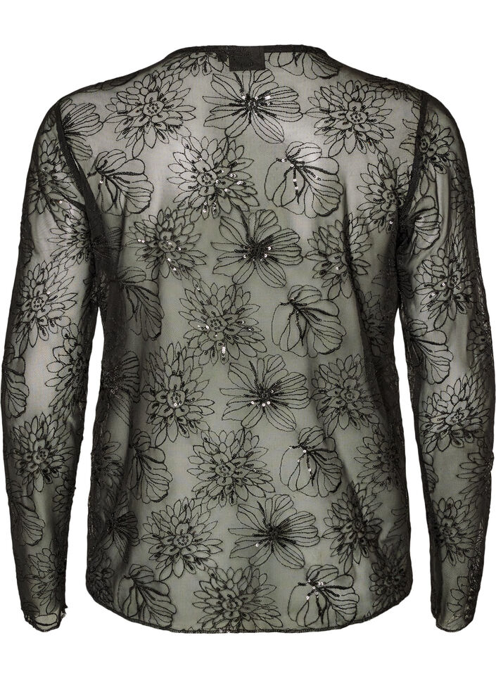 Meshbluse med blomster og pailletter, Sort, Packshot image number 1