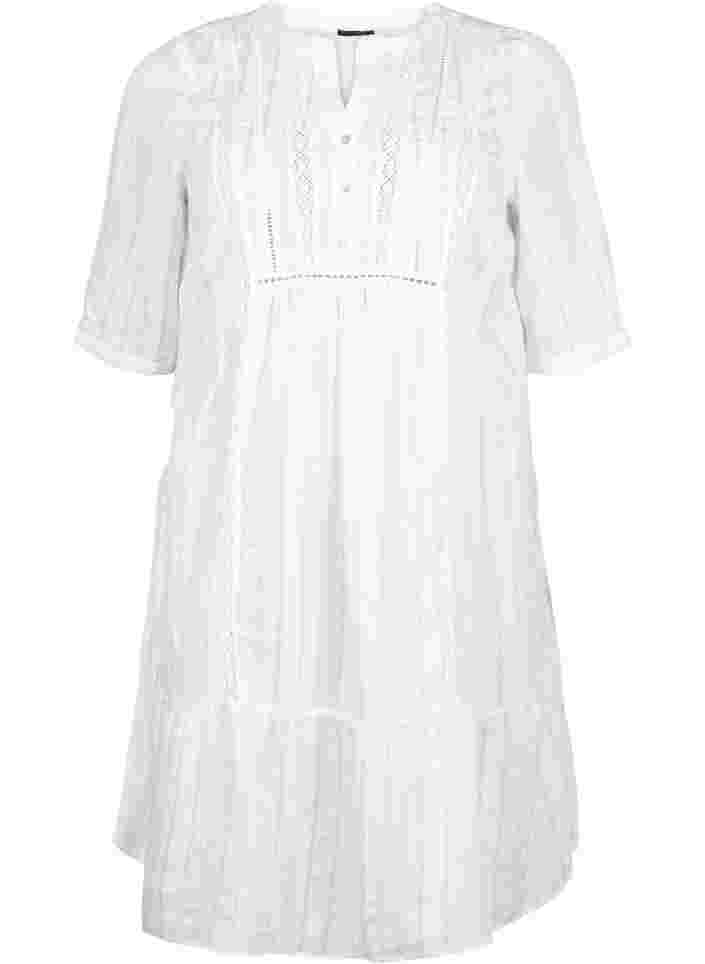 Stribet viskose kjole med blondebånd, Bright White
