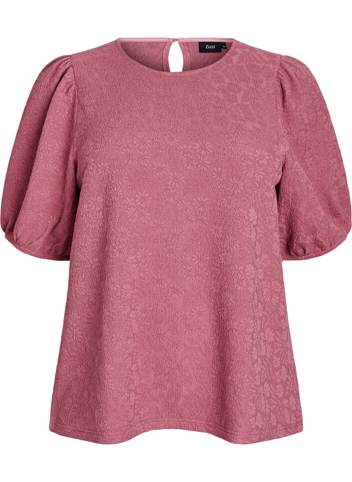 Bluse med struktur og korte &aelig;rmer, Lyser&oslash;d, Packshot image number 0