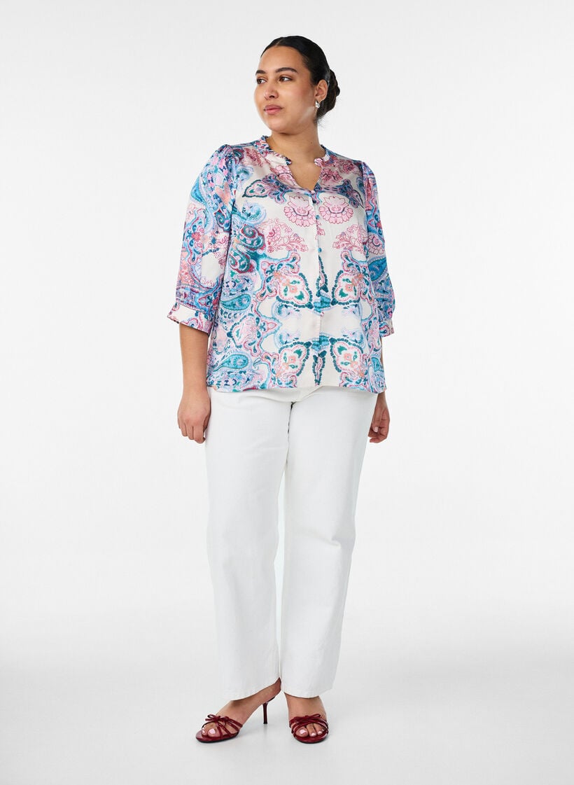 Bluse i satin-look med paisleyprint og 3/4-&aelig;rmer, Bl&aring;, Model image number 1
