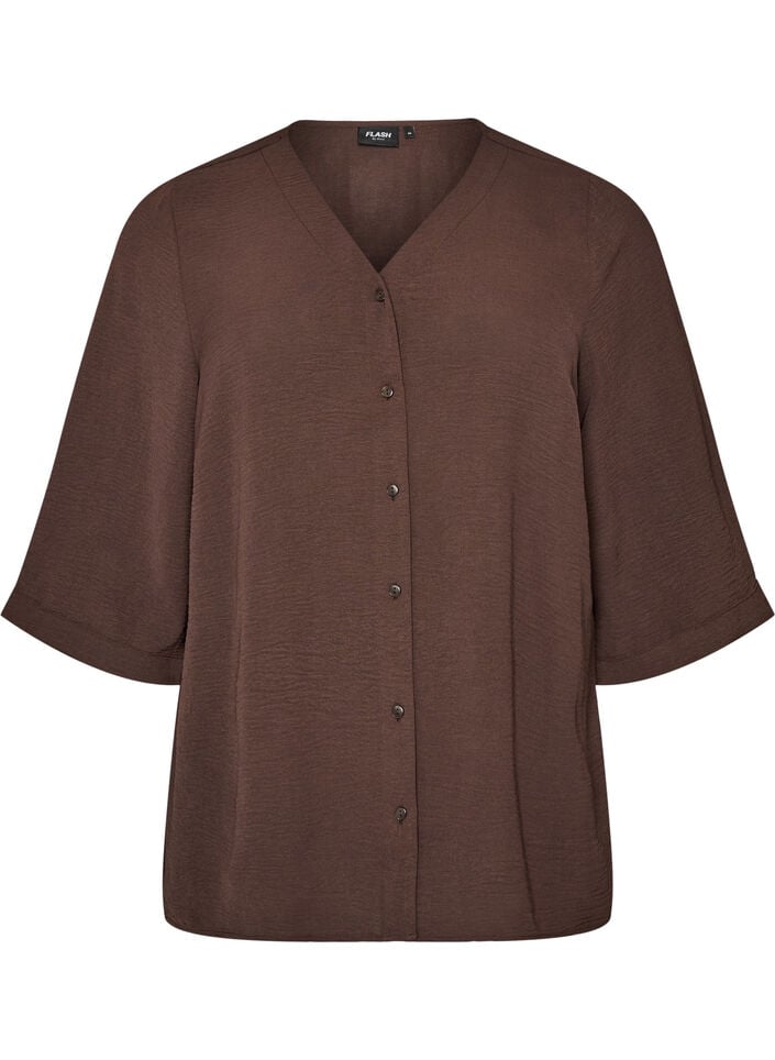 Skjortebluse med V-udsk&aelig;ring og 3/4-&aelig;rmer, Brun, Packshot image number 0