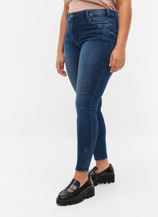 Cropped Amy jeans med lynlås, Dark blue denim, Model image number 3