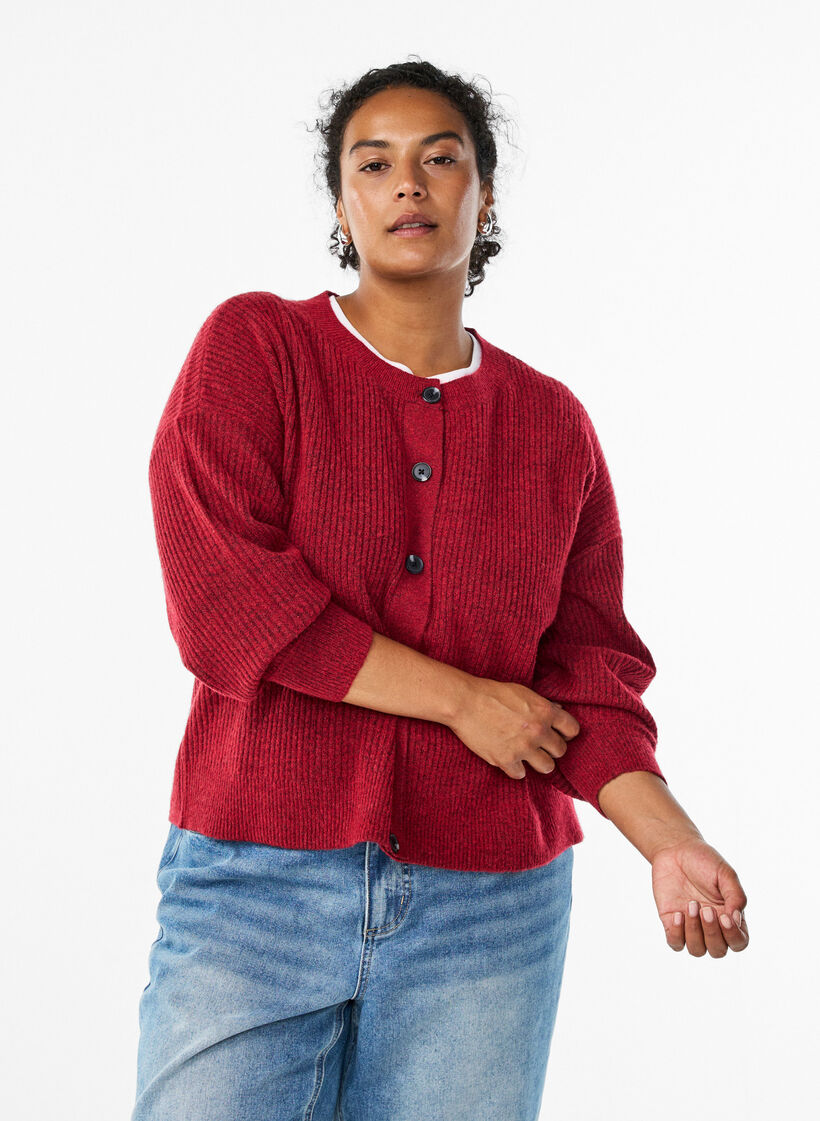 Ribstrikket cardigan med knapper, Rød, Model image number 0