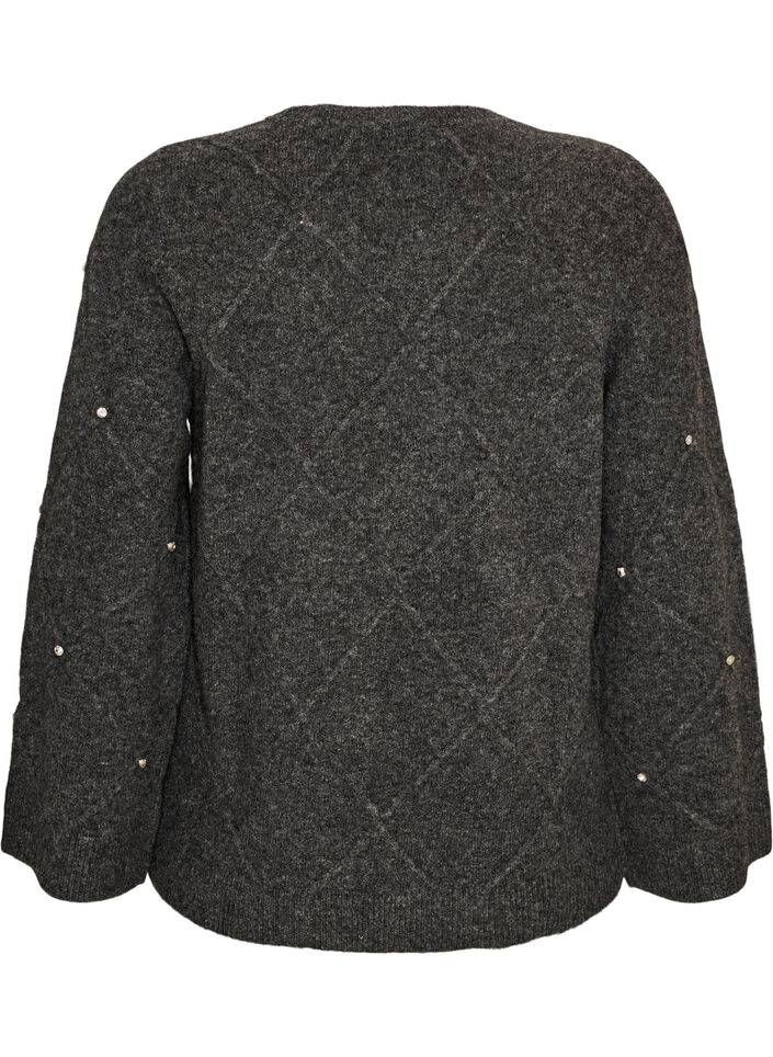 Strikbluse med rhinsten og rudem&oslash;nster, Gr&aring;, Packshot image number 1