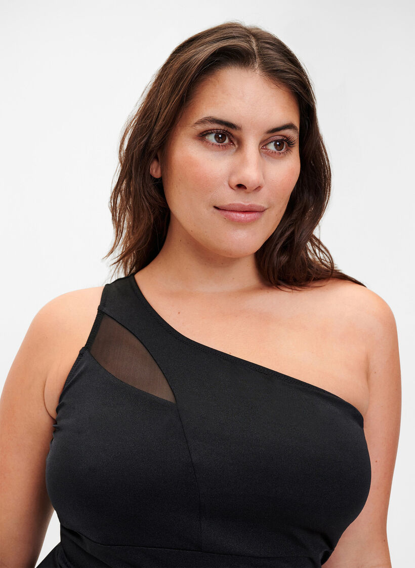 One-shoulder badedragt med meshdetaljer, Black, Model image number 2