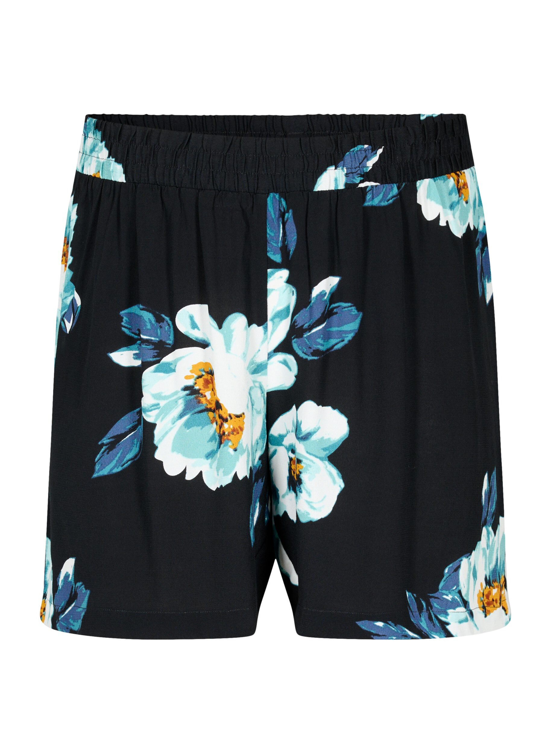 Zizzi L&oslash;stsiddende shorts i viskose, Black Big Flower, Packshot image number 0