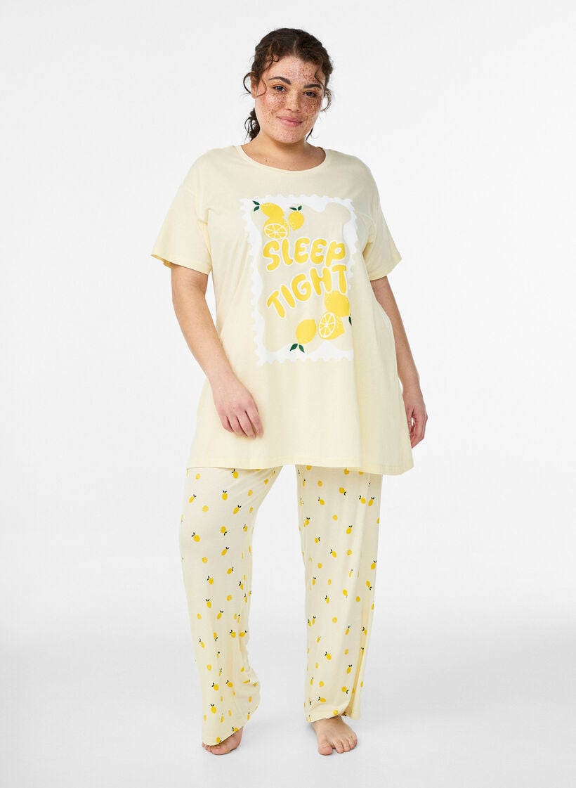 Natbukser i bl&oslash;d jersey med h&oslash;j talje og frugtprint, Gul, Model image number 0