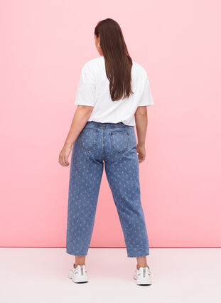 Cropped jeans med print og høj talje, Blue denim, Model image number 1