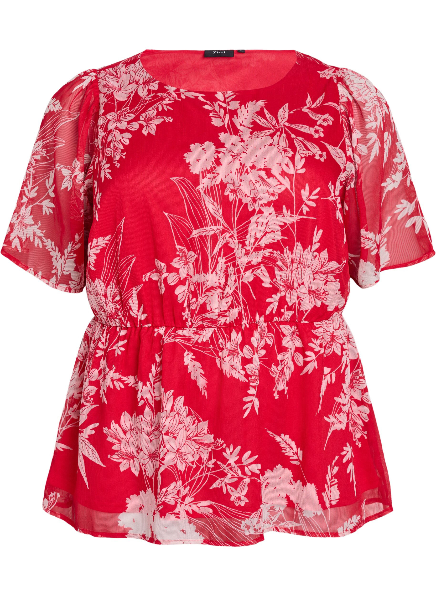 Zizzi Blomstret chiffonbluse med elastisk talje, R&oslash;d, Packshot image number 0