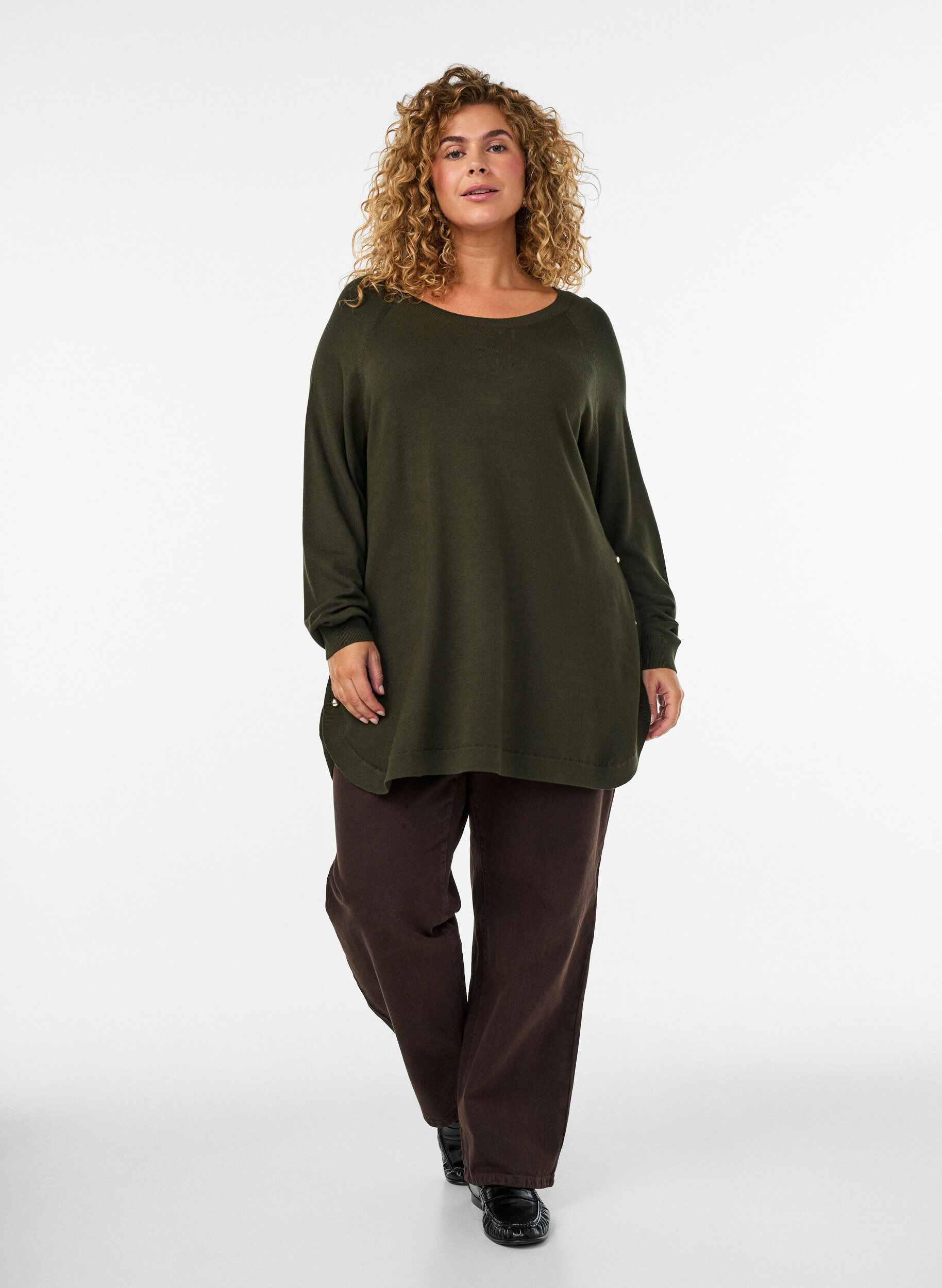 ZizziStrikbluse med knapper i siden, Gr&oslash;n, Model image number 1