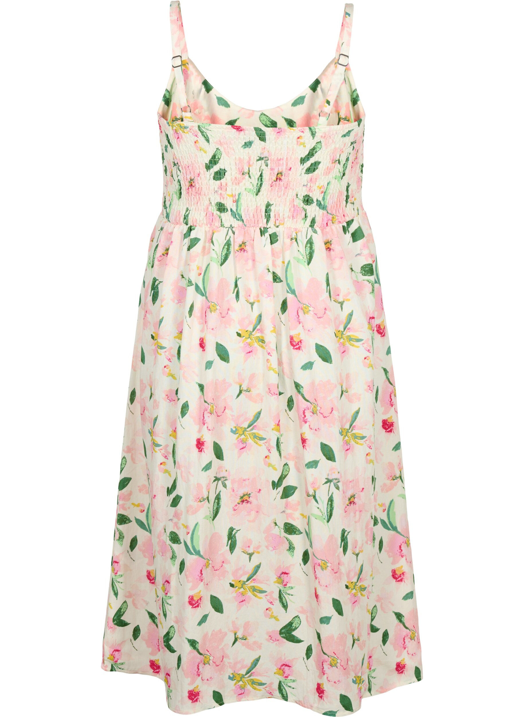 Zizzi Blomstret stropkjole i viskose med smock, Off White Flower, Packshot image number 1