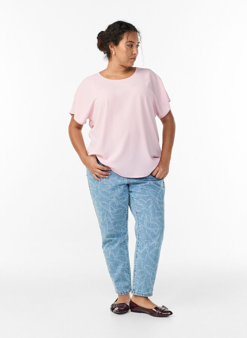 Bluse med korte &aelig;rmer og rund halsudsk&aelig;ring , Lyser&oslash;d, Model image number 1
