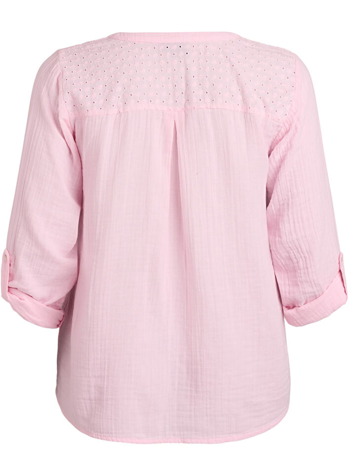 Bluse i bomuldsmusselin med broderi anglaise, Lyser&oslash;d, Packshot image number 1