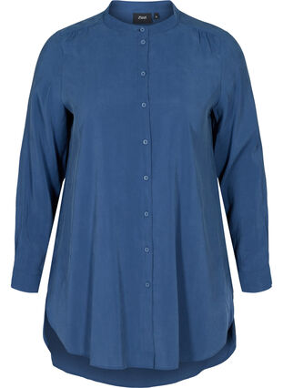 Lang ensfarvet skjorte i viskose, Blue Ass, Packshot image number 0
