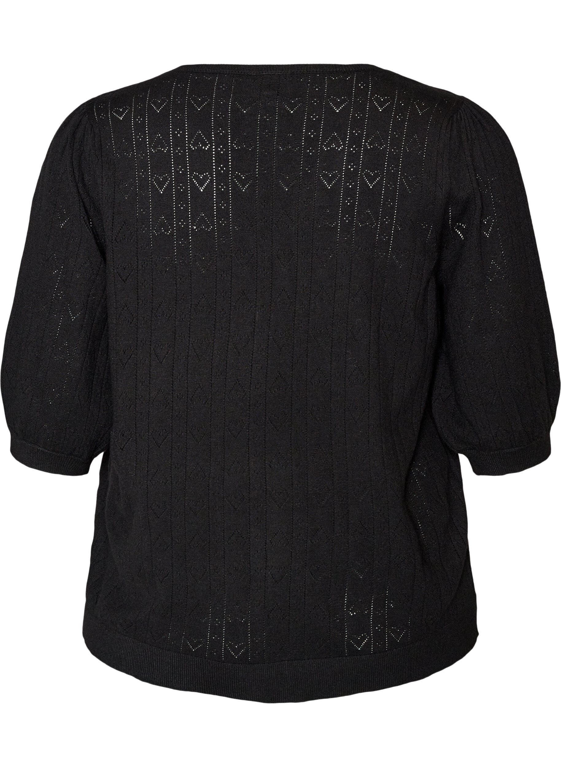 ZizziKort&aelig;rmet strikbluse med pointellem&oslash;nster, Sort, Packshot image number 1