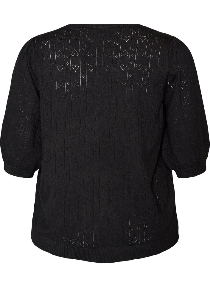 Kort&aelig;rmet strikbluse med pointellem&oslash;nster, Sort, Packshot image number 1