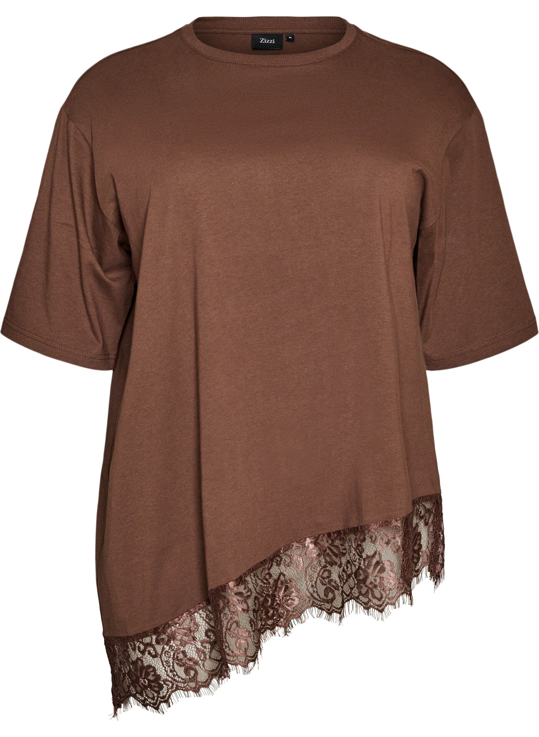 Zizzi T-shirt med asymmetrisk blondekant, Brun, Packshot image number 0