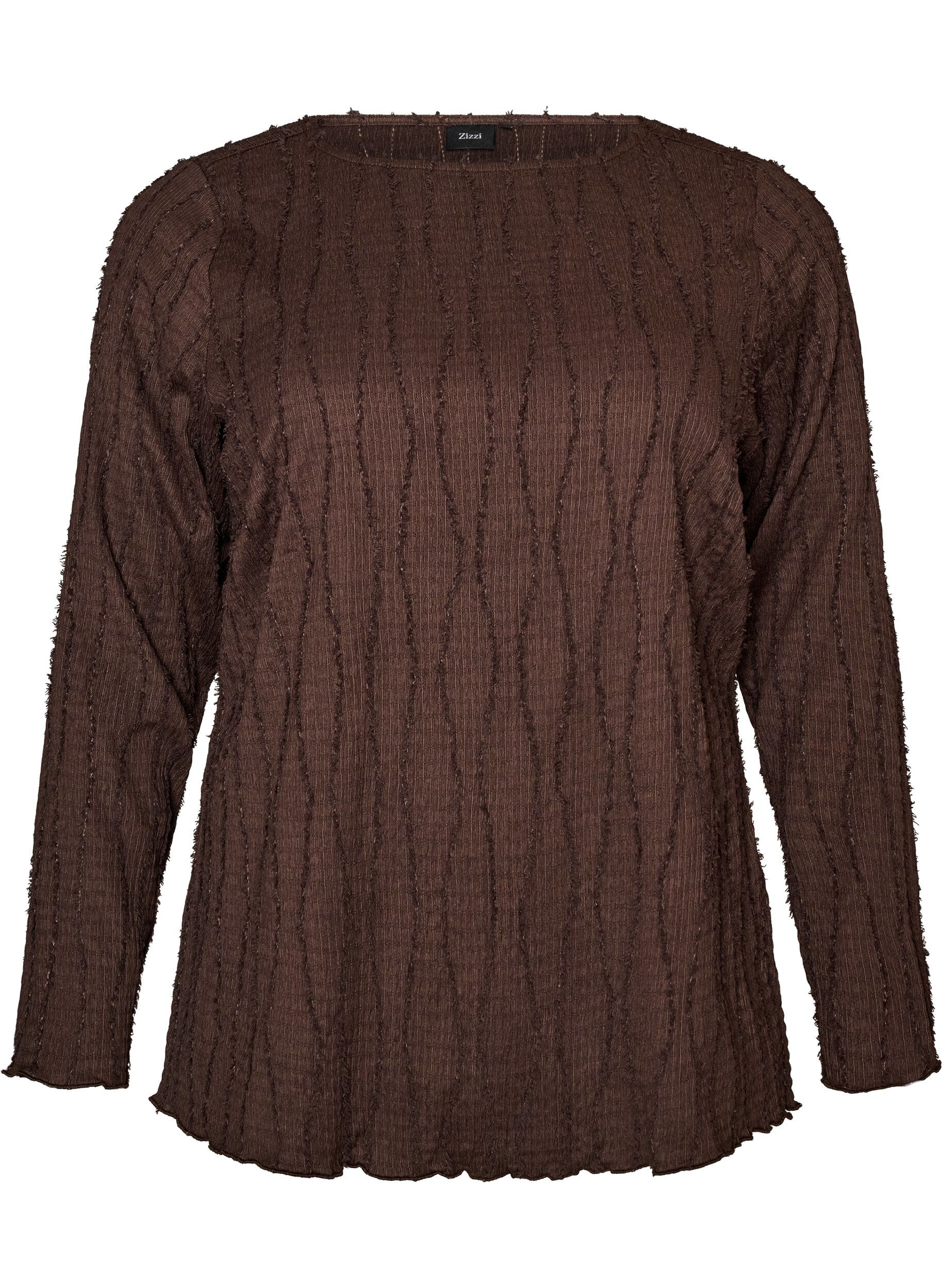 ZizziJerseybluse med b&oslash;lget struktur, Brun, Packshot image number 0