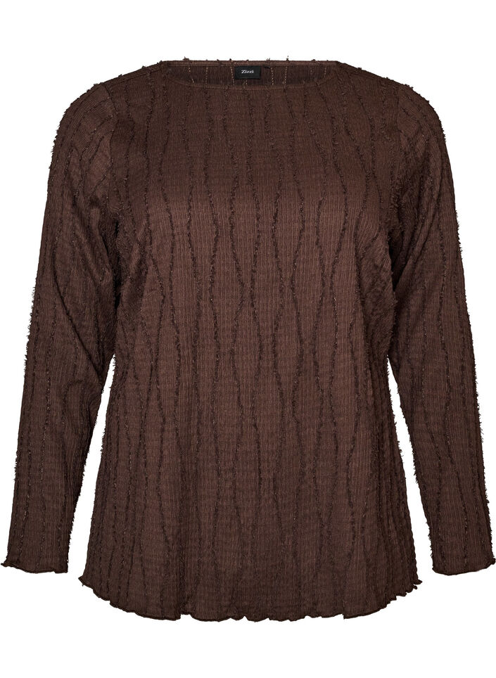 Jerseybluse med b&oslash;lget struktur, Brun, Packshot image number 0