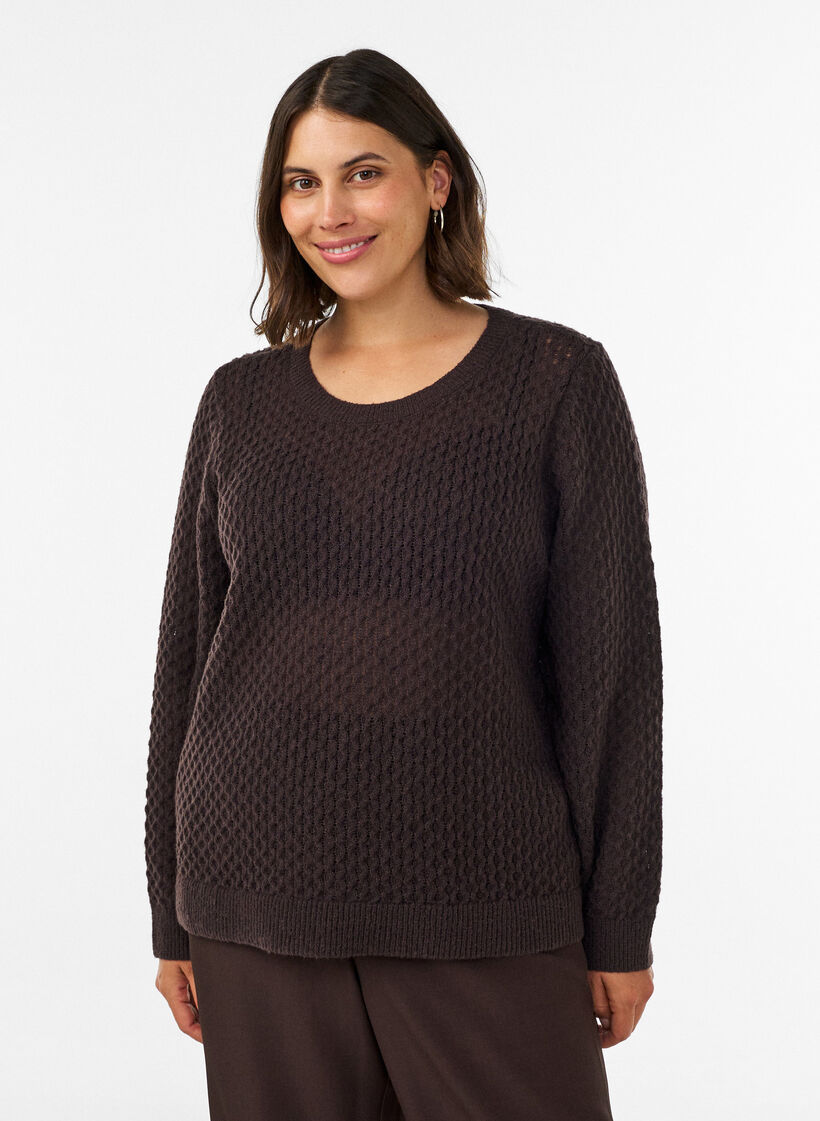 Strikbluse med struktureret hulm&oslash;nster, Brun, Model image number 0