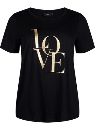 T-shirt i bomuld med guldfarvet tekst , Black w. Gold Love, Packshot image number 0
