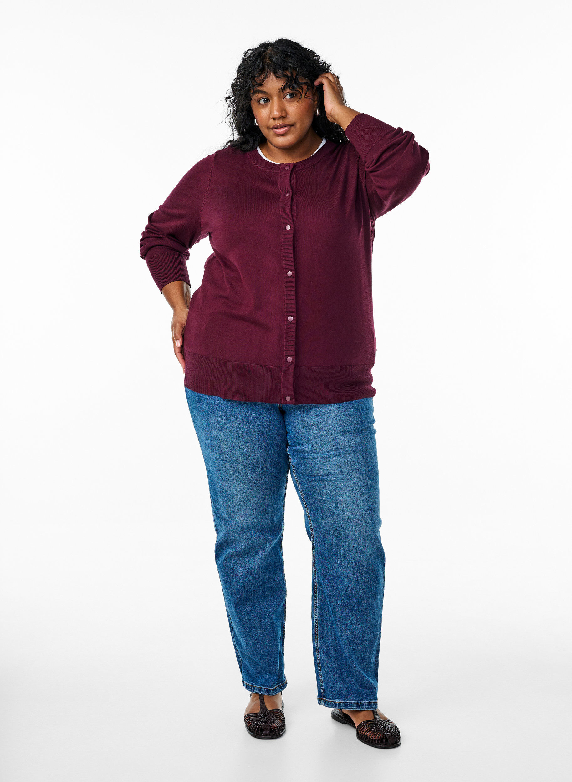 ZizziStrikcardigan med rund hals og knapper, R&oslash;d, Model image number 1
