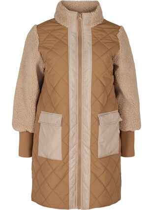 Quiltet jakke med teddy og lommer, Tobacco Brown Comb, Packshot image number 0