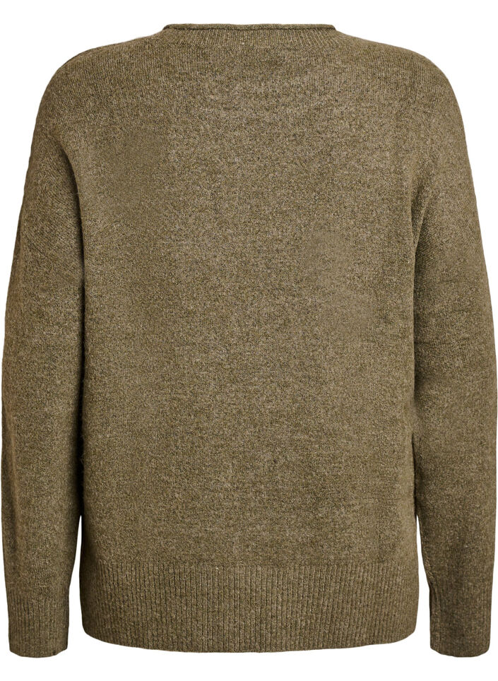 Strikbluse med V-formet ribmønster og slidser, Grøn, Packshot image number 1