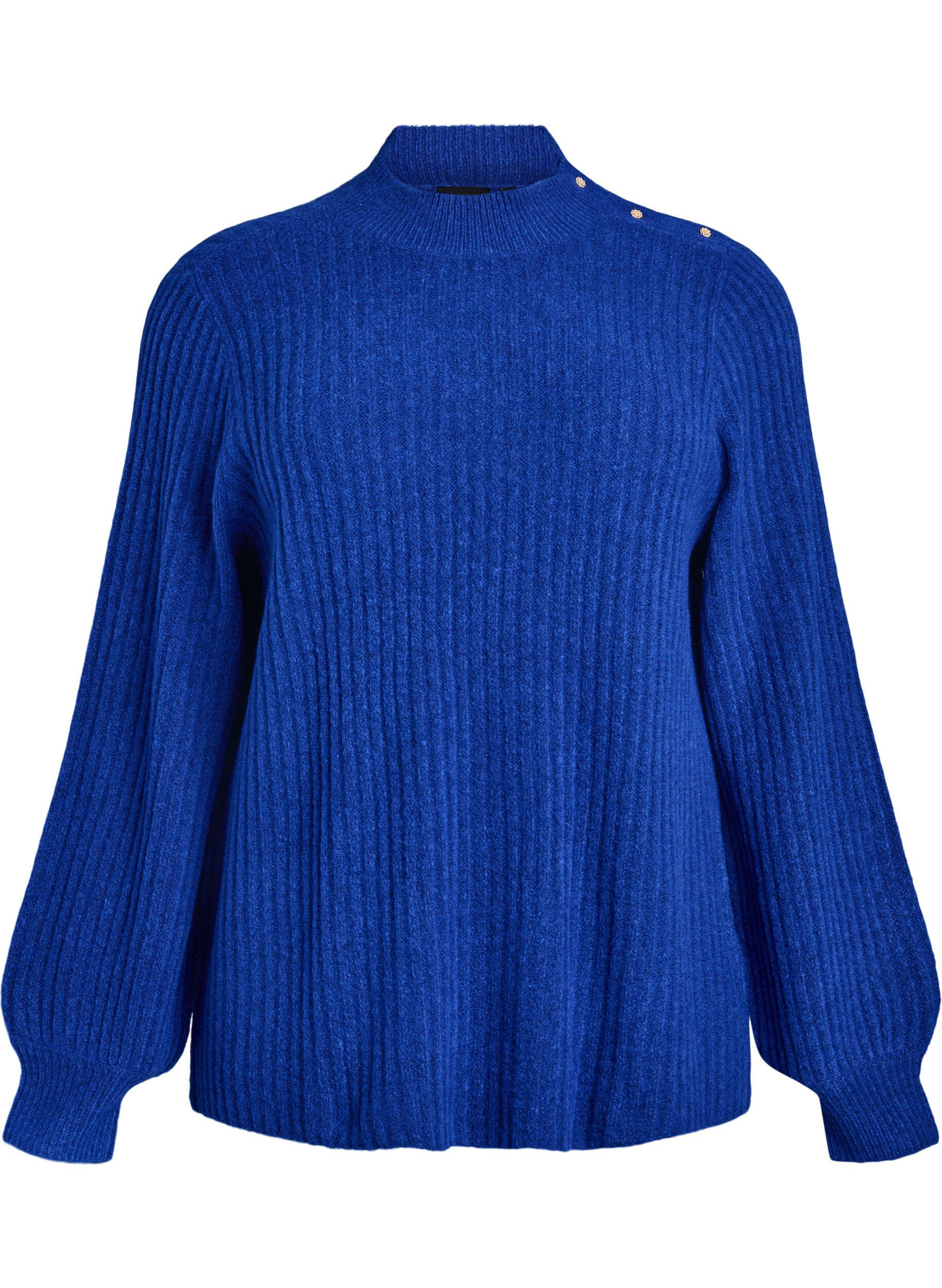 Ribstrikket sweater med ballon&aelig;rmer og knapper