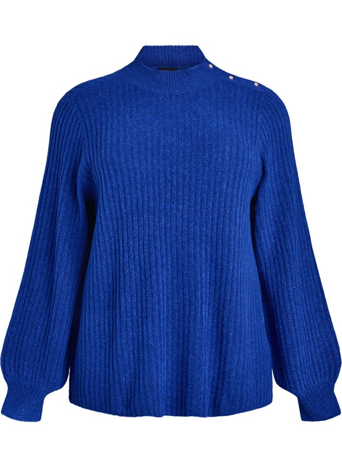 Ribstrikket sweater med ballon&aelig;rmer og knapper, Bl&aring;, Packshot image number 0