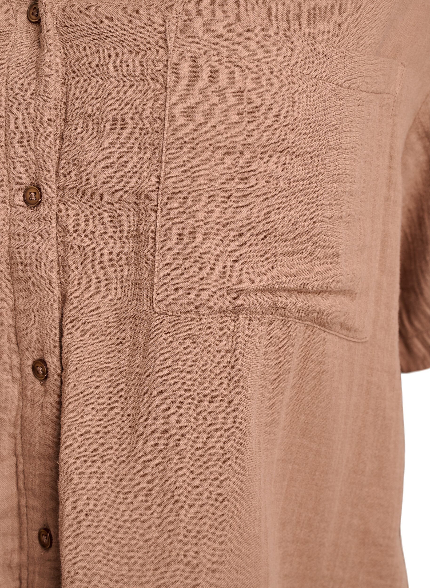 Zizzi Skjortebluse i bomuldsmusselin med korte &aelig;rmer, Brun, Packshot image number 2
