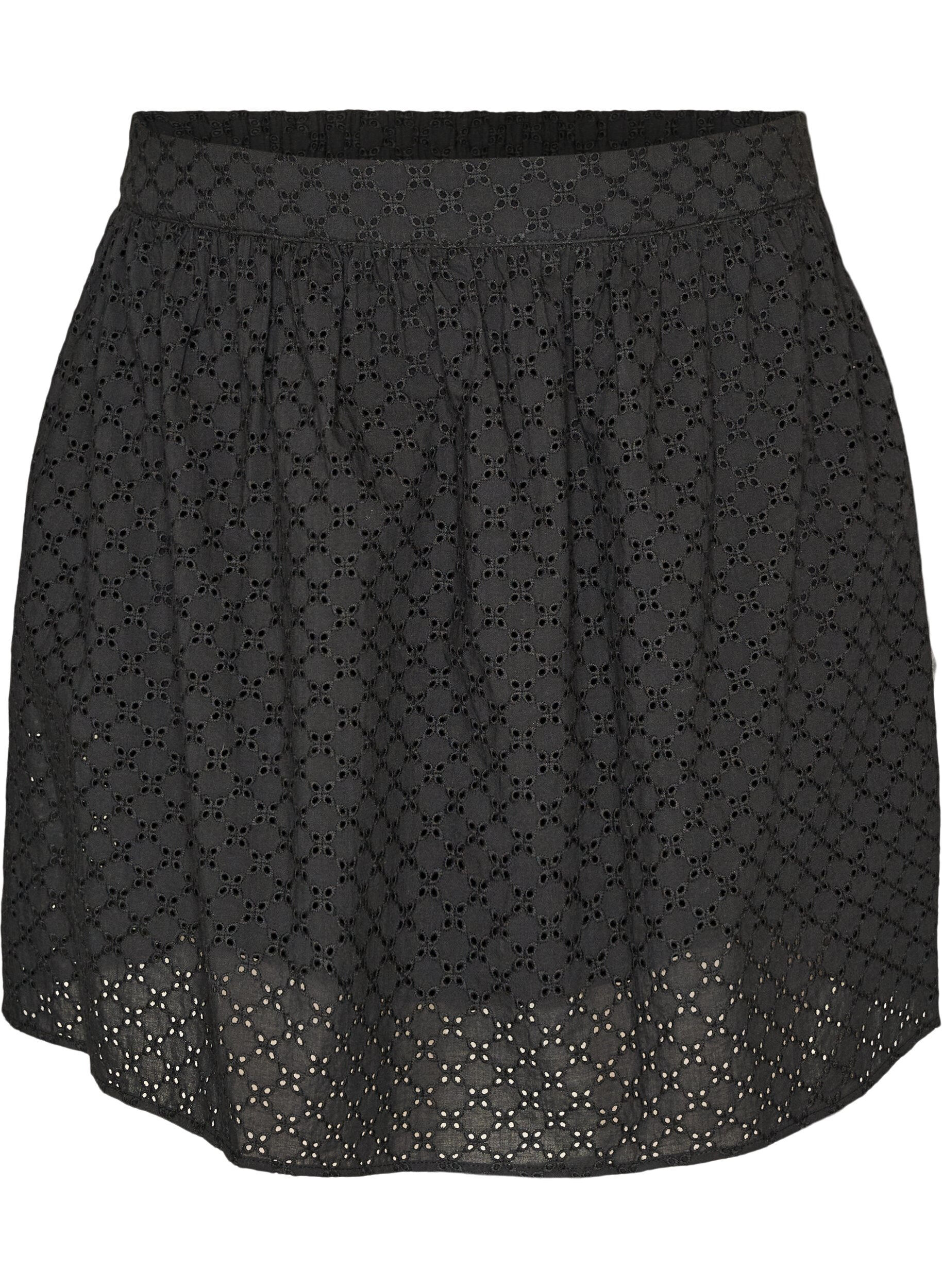 ZizziKort nederdel med broderie anglaise og elastisk talje, Sort, Packshot image number 0