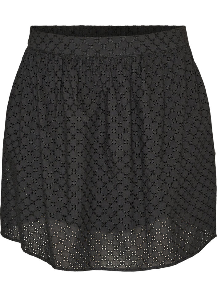 Kort nederdel med broderie anglaise og elastisk talje, Sort, Packshot image number 0