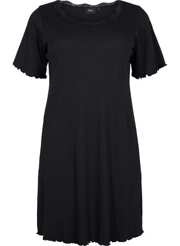 Kortærmet natkjole med blonder, Black, Packshot image number 0