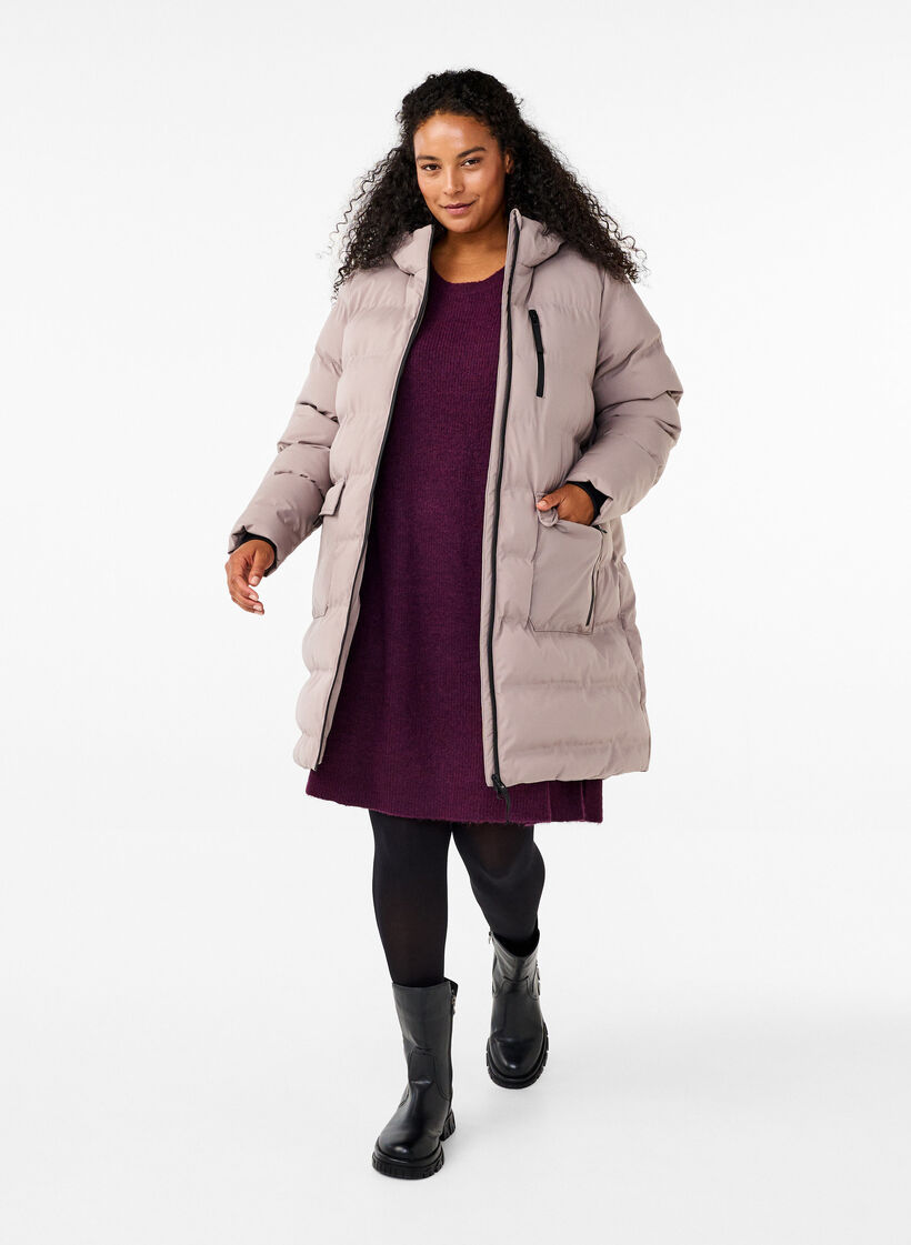 Pufferfrakke med h&aelig;tte og lommer, Beige, Model image number 1