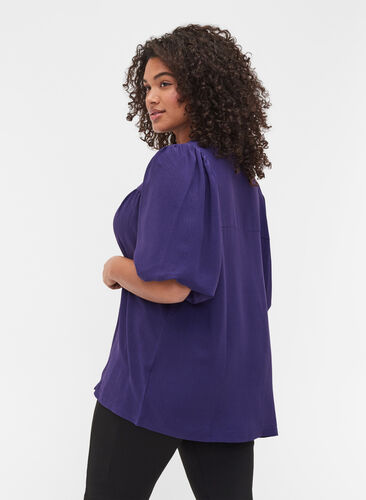 Ensfarvet bluse med korte pufærmer, Parachute Purple, Model image number 1