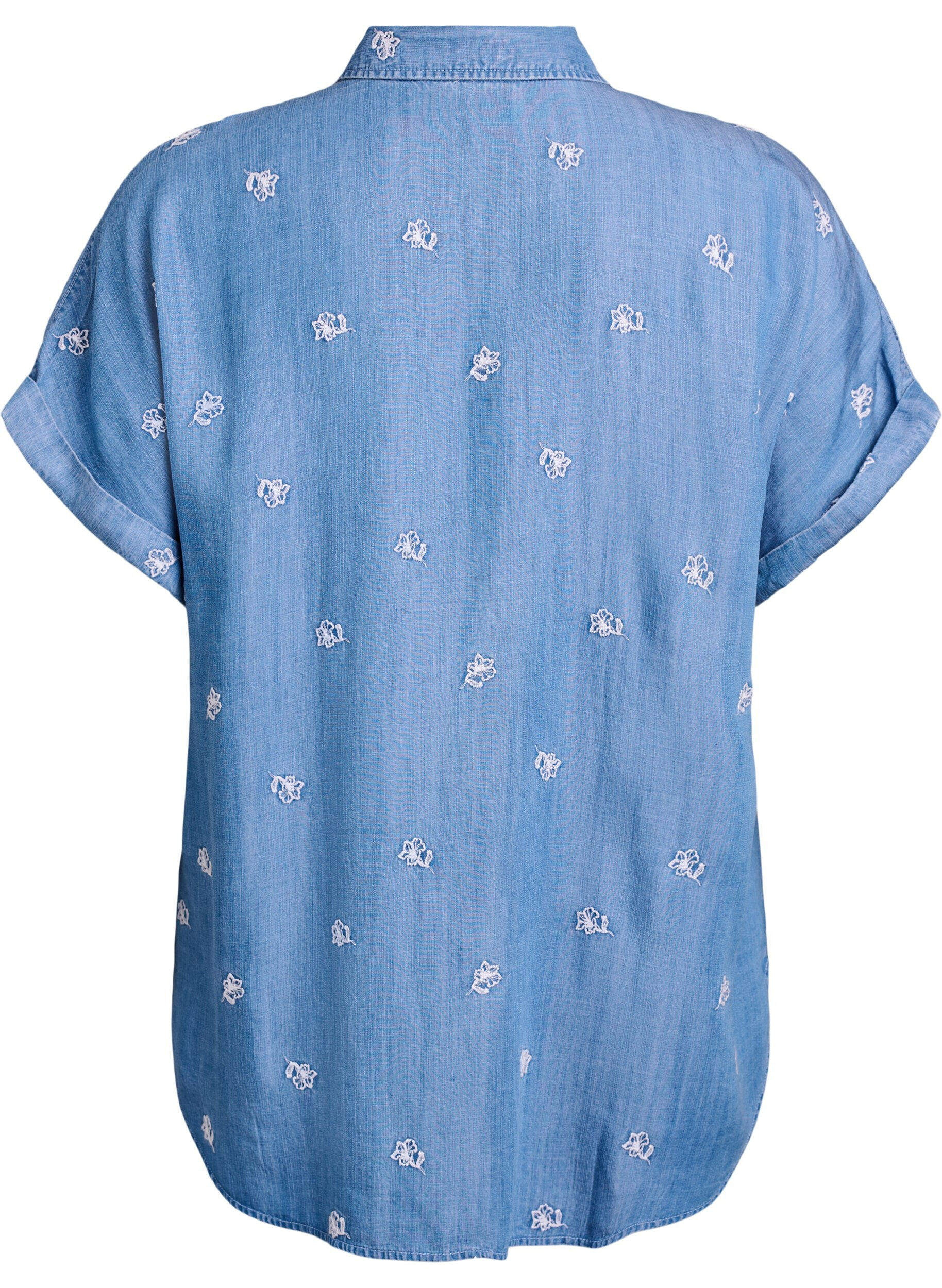 ZizziSkjortebluse i lyocell med denimlook og blomsterbroderi, Bl&aring;, Packshot image number 1
