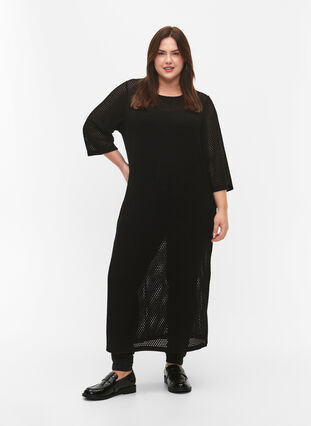 Kjole med 3/4 ærmer og strikket hulmønster, Black, Model image number 0