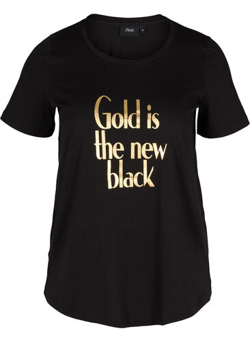 Bomulds t-shirt med tryk på brystet, Black GOLD IS THE, Packshot image number 0